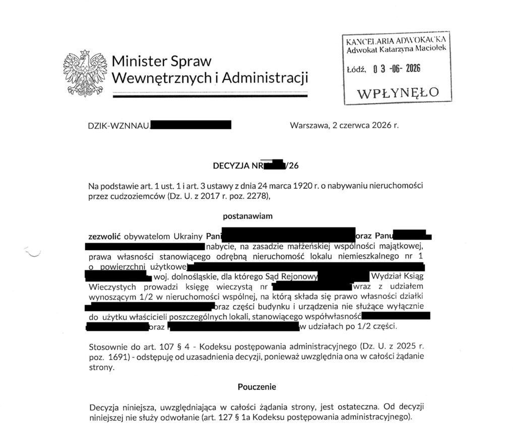 Zezwolenie MSWiA na zakup lokalu użytkowego w dwa miesiące