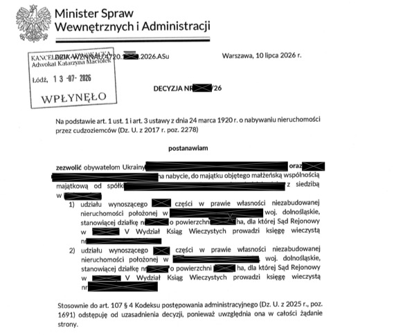 Zezwolenie MSWiA na zakup udziału w drodze w trzy miesiące